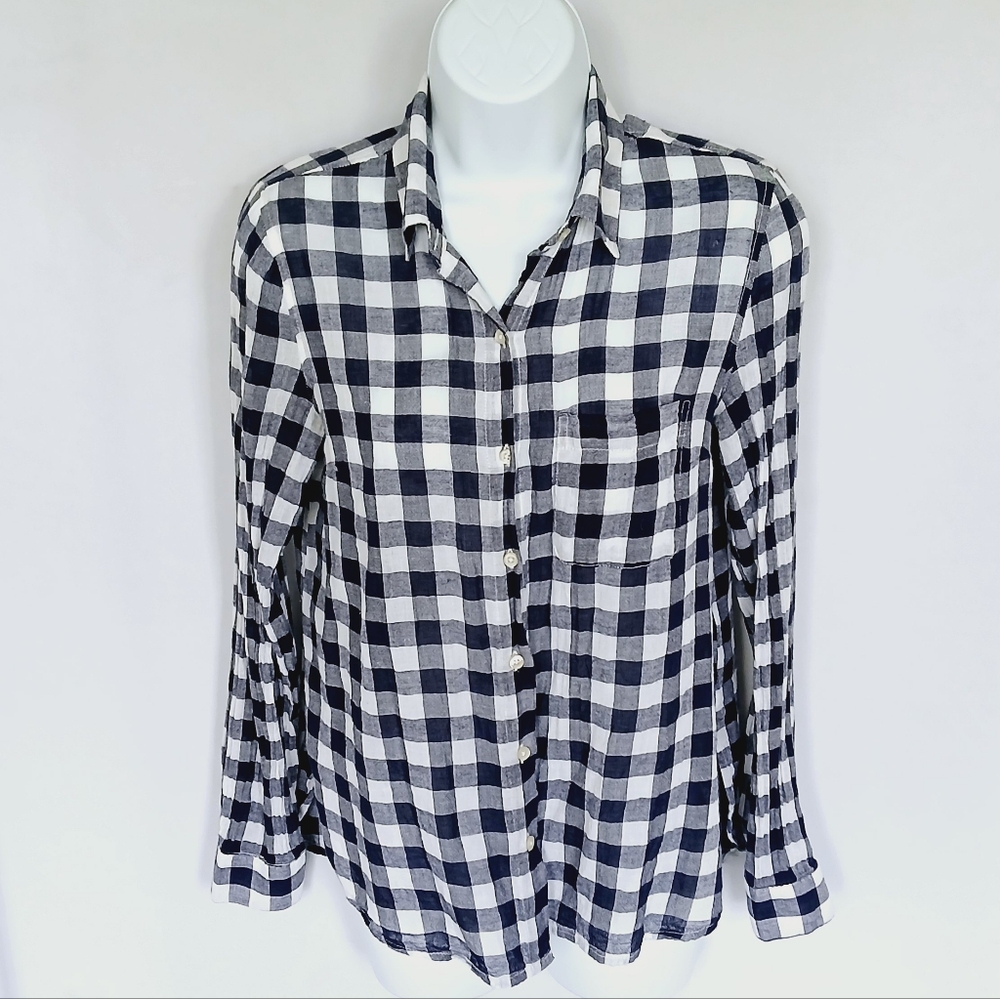 Classic Navy Blue & White Gingham Checkered Long Sleeve Button Up Shirt XS - Picture 1 of 5